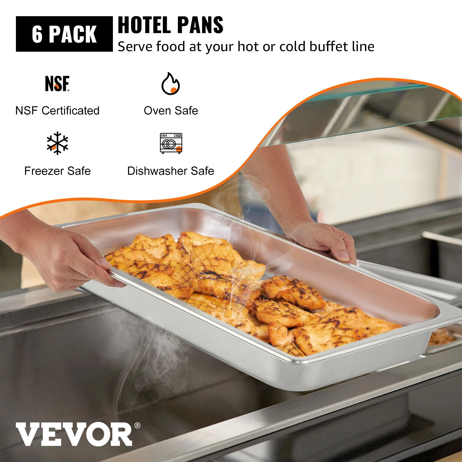 VEVOR 4/6 Pack Steam Table Pans Full Size Deep Food Container Stainless Steel Oven Tray Hotel Pans Anti-Jam Steam Table Food Pan