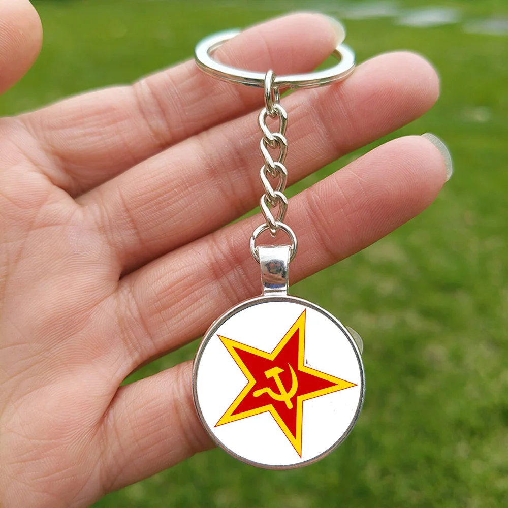 Retro CCCP USSR Keychain Red Star Russian Photo Glass Cabochon Pendant Key Ring for Men Souvenir