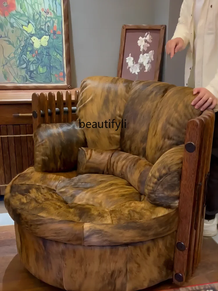 Single sofa chair original ecological tiger pattern cowhide swivel chair domineering household leather sofa