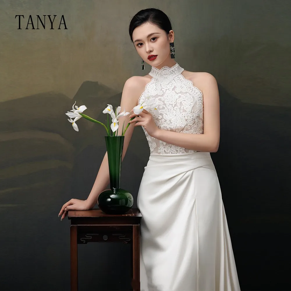 Gaun pernikahan Satin elegan dengan renda untuk wanita leher O tanpa lengan gaun pengantin klasik model A Line khusus TSWD203