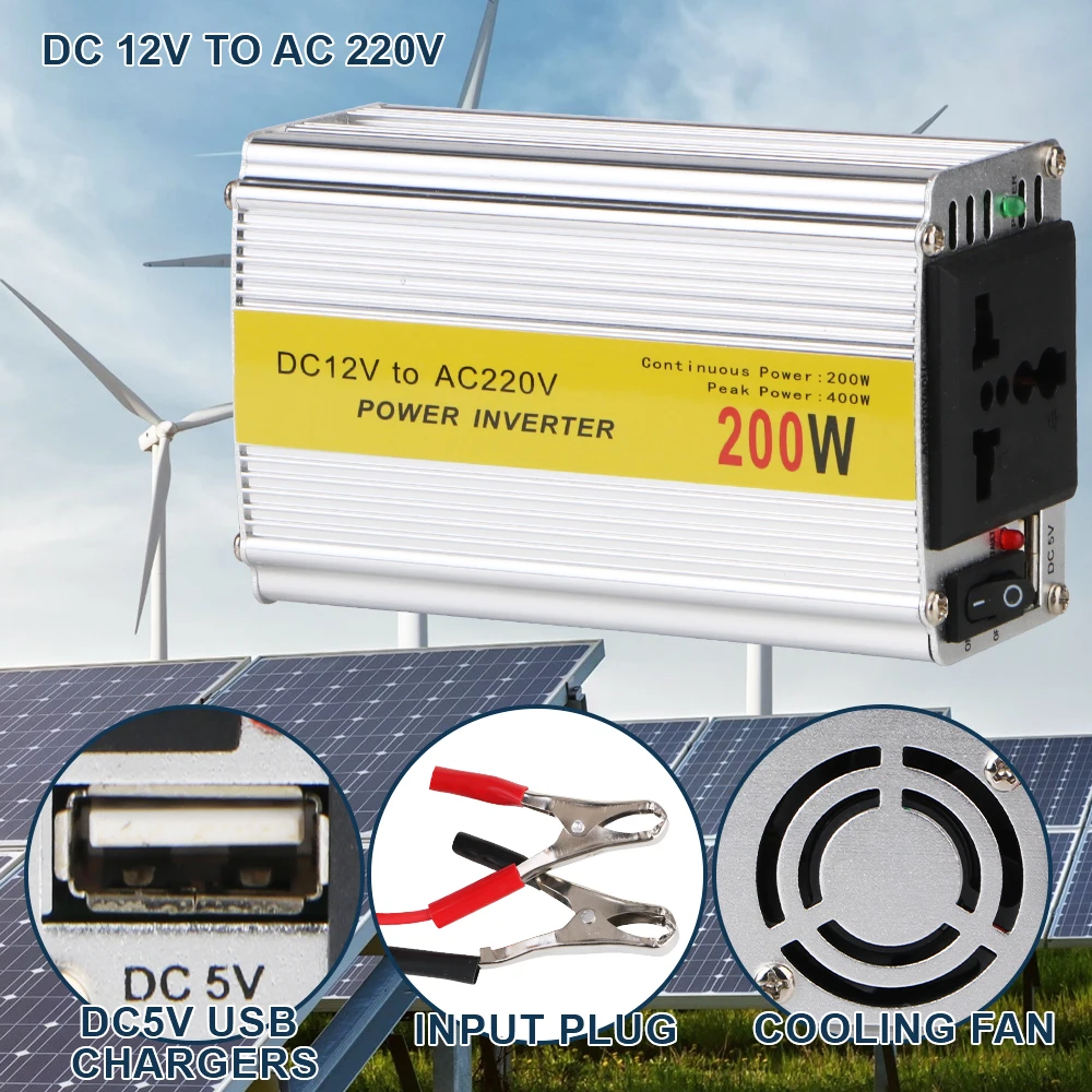 Mit Batterie-Clip-Buchse mit 5,5 A USB 12 V 220 V Spannungswandler Autoladegerät Netzteil 200 W Auto-Wechselrichter Universal