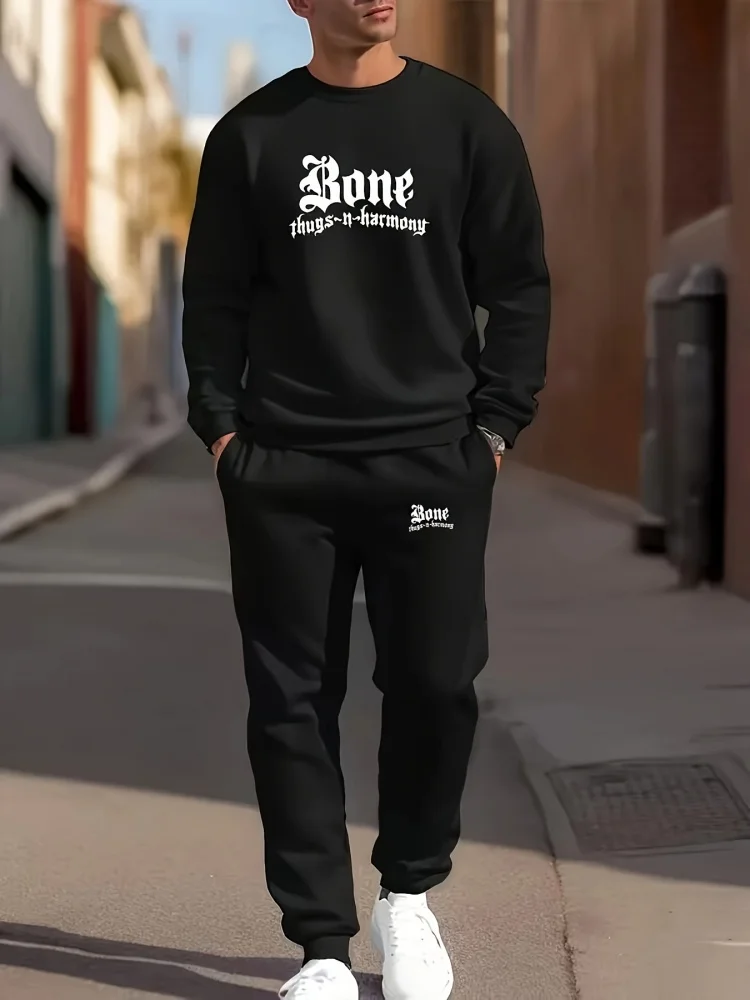 Men's Crewneck Sweatshirt Set Stylish Streetwear Long-Sleeve T-Shirt Paired With Drawstring Pants Casual Two-Piece Set