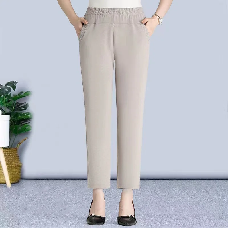 سراويل غير رسمية مرنة عالية الخصر رفيعة للربيع والصيف للنساء في منتصف العمر وكبار السن سراويل مريحة فضفاضة مستقيمة الساق