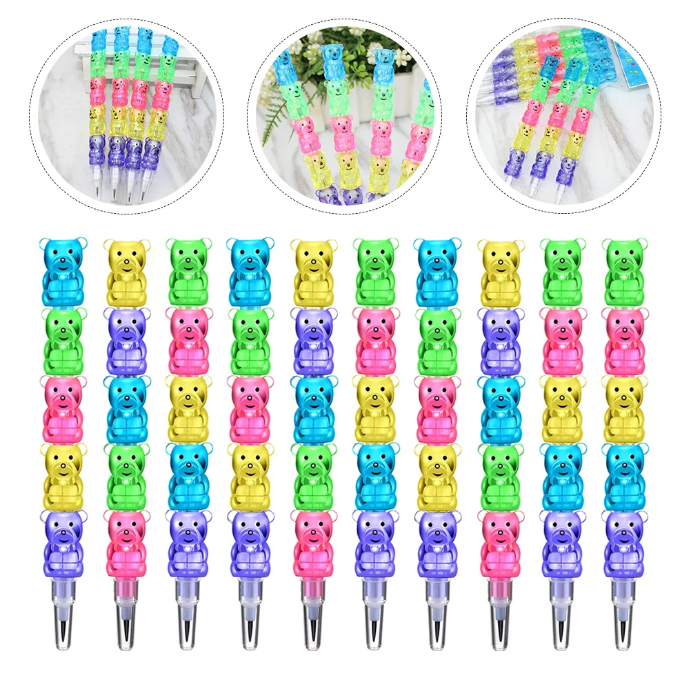 

12pcs Animal Building Block Pencils Stackable Bear Shaped School Supplies Colorful Plastic Children Gift Adjustable Length