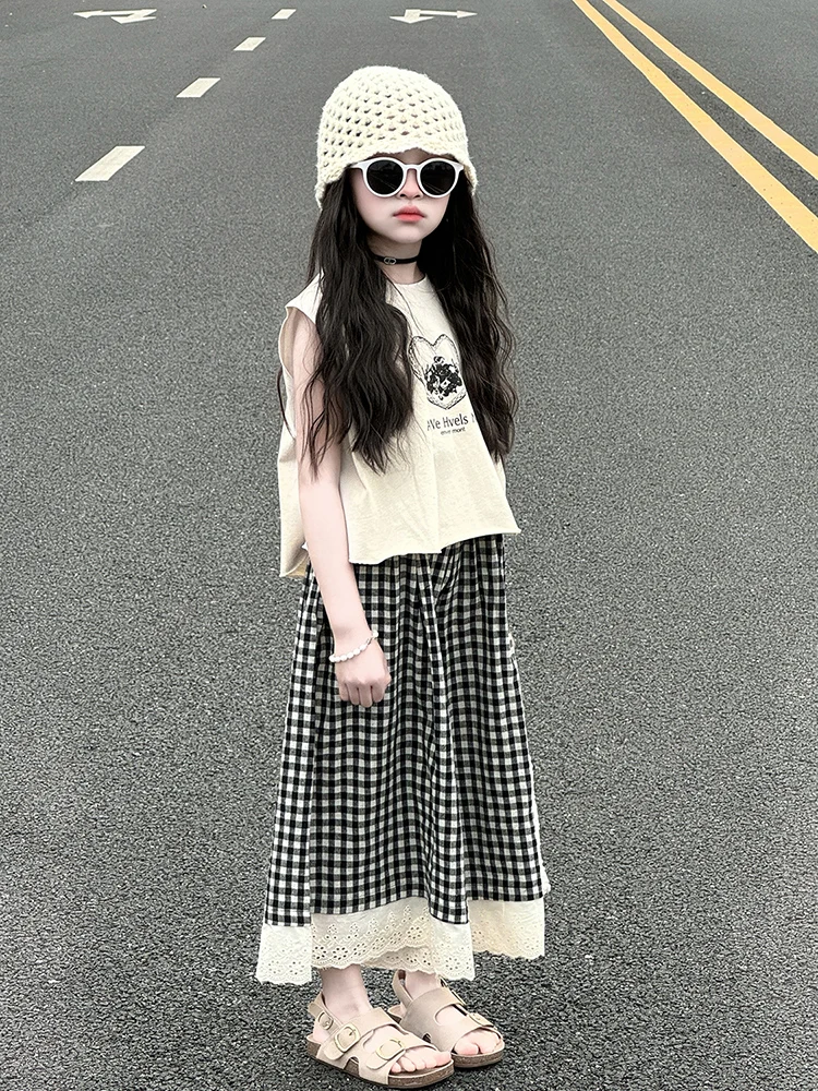 

Летняя одежда для девочек, корейские широкие брюки, комплект из двух предметов, повседневная хлопковая одежда для больших детей, крутая модная детская одежда