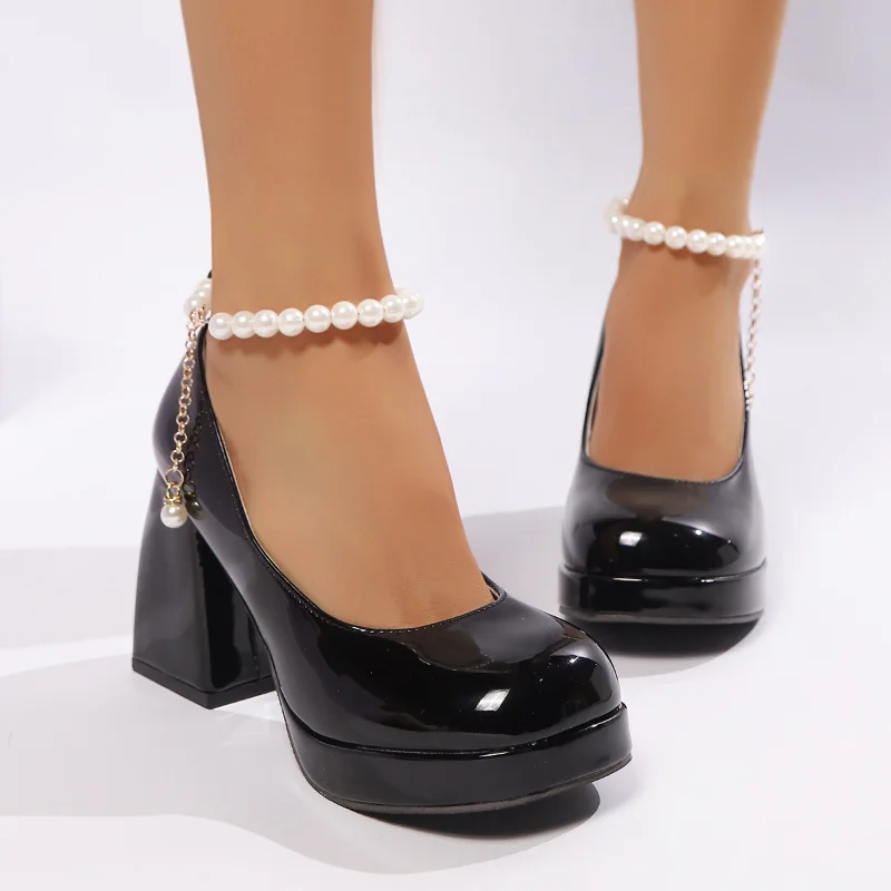 

Pearls Ankle Strap Pumps Women Summer 2026 Chunky Platform Hot Pink High Heels Shoes Woman Patent Leather Punk Goth Mary Janes