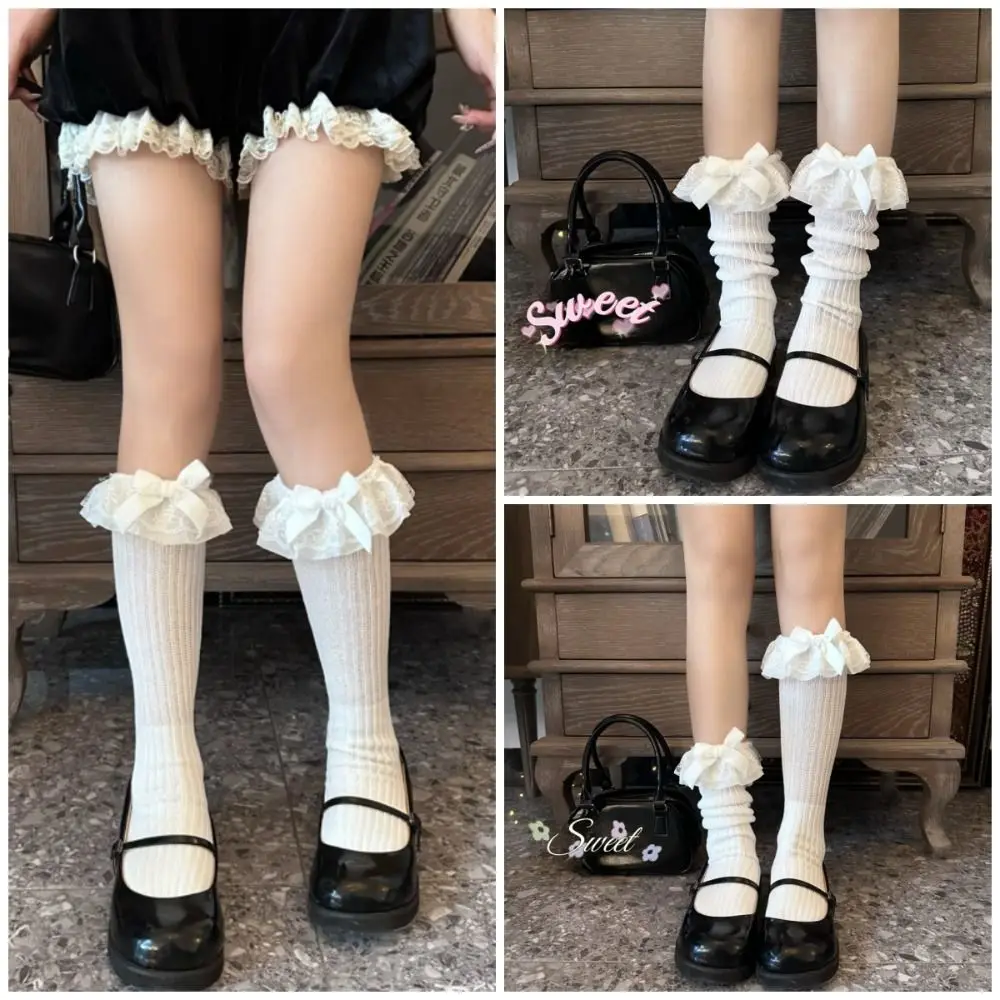 

Милые свободные кружевные носки с рюшами и бантом, хлопковые носки-трубы в стиле Лолиты, лоскутные чулочно-носочные изделия, вязаные женские носки до середины икры