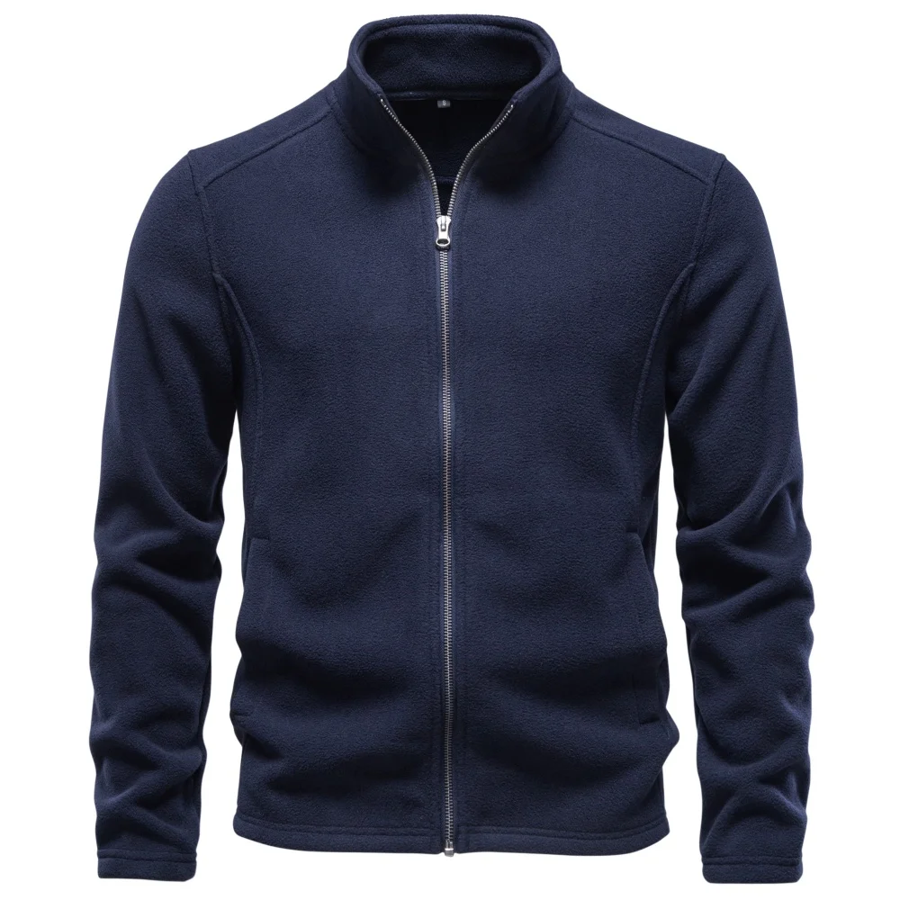AIOPESON Men's Fleece Jacket Full Zip Stand Collar Solid Color Polar Fleece Outerwear Autumn Winter Outdoor Casual Light Coat