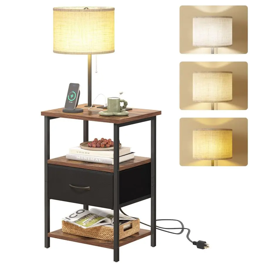 

Nightstand with Lights Bedside Table with 3 Color Temperatures Bulb, Night Stand with Charging Station End Table with Adjustable