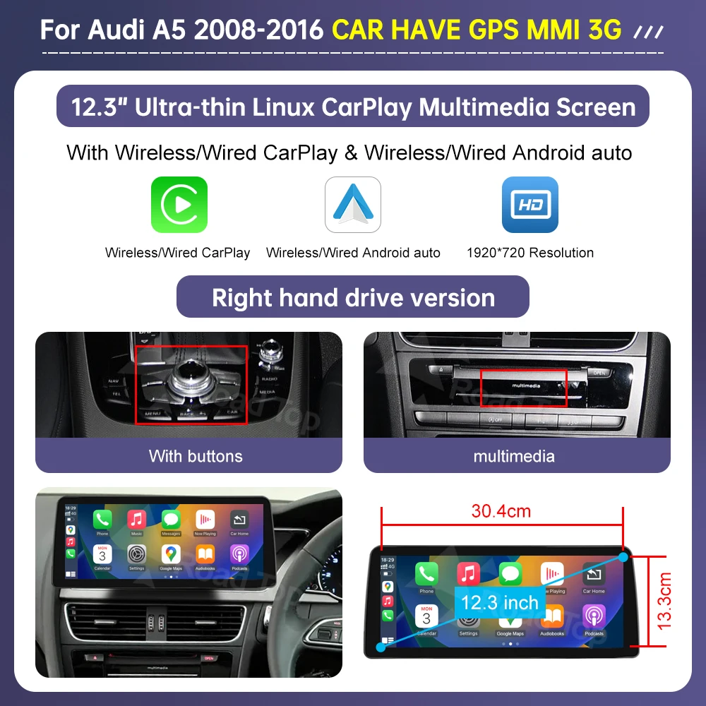 Road Top Radio Multimedia Linux Touch Screen For Audi A5 2008-2016 Wireless CarPlay Android Auto Airplay Car Player Function image 3