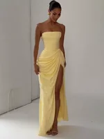 Elegant Strapless Pleated Dress Yellow Women Chic Sleeveless Waist Cinching Split Maxi Gowns Lady Evening Party Vestidos 2026 - Image 2