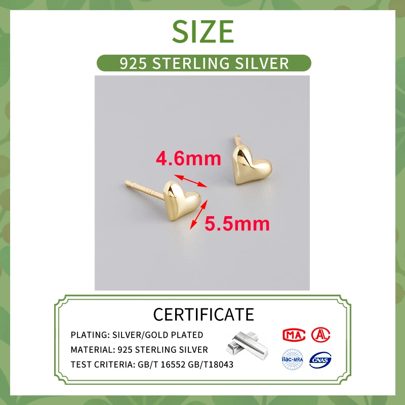 INZATT Real 925 Sterling Silver Mini Heart 14K Gold Stud Earrings For Women Classic Fine Jewelry Geometric Accessories