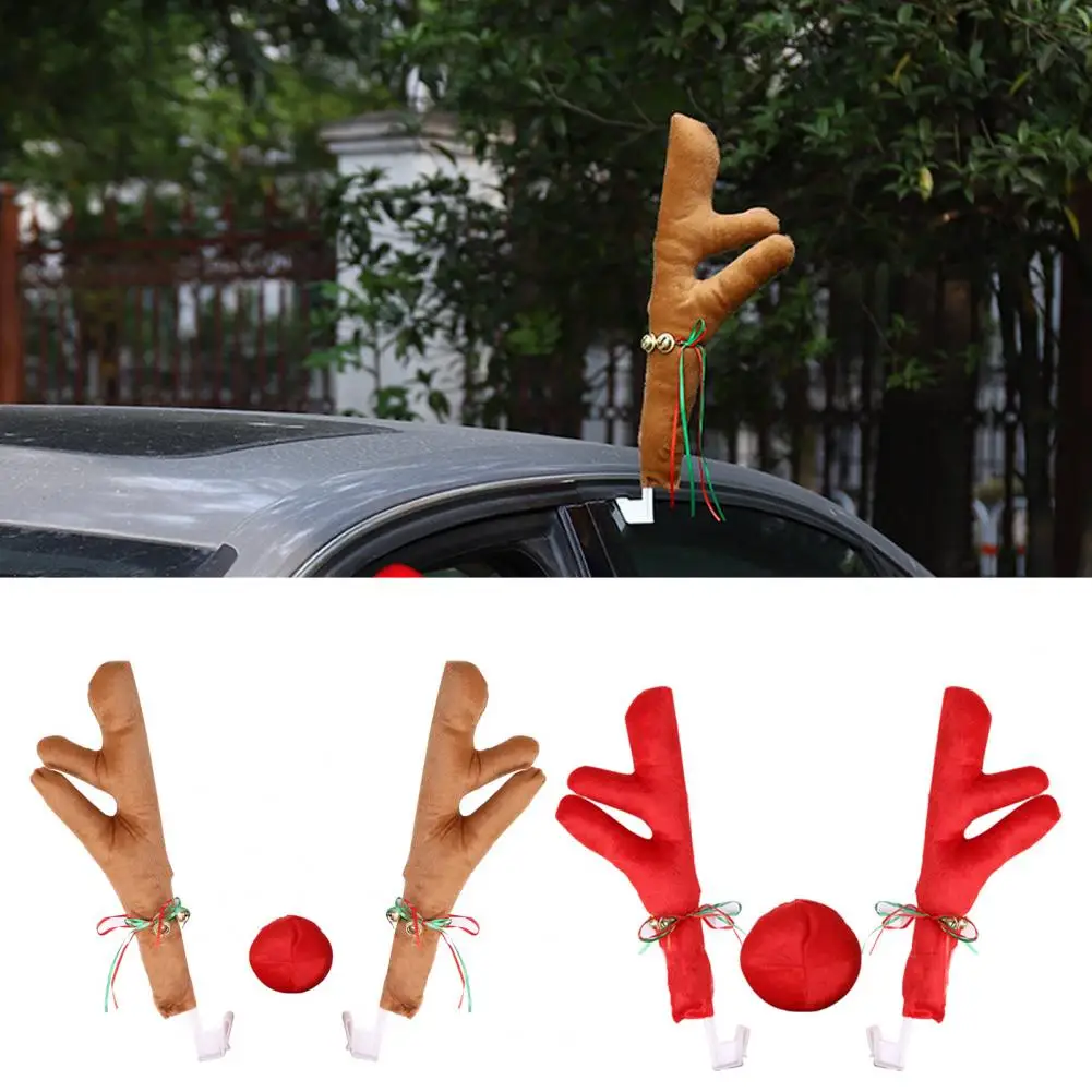 Christmas Car Antlers Kit Universal Xmas Decoration Set Reindeer Antlers Red Nose Easy Install Reindeer Antlers Car Kit