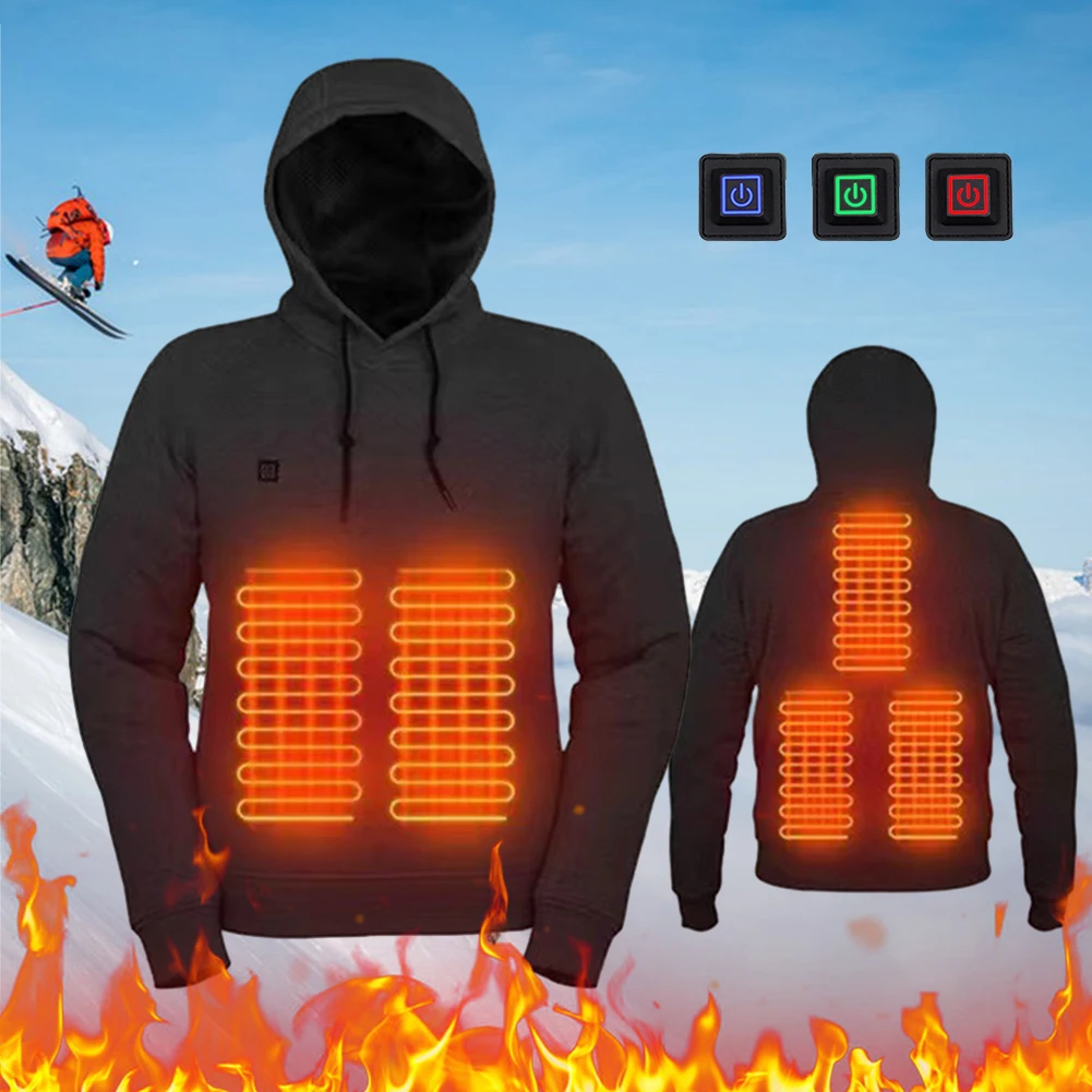 Men Women USB Heating Hoodies Soft USB Rechargeable Long Sleeve Streetwear Loose Coats 5 Heating Zones 3 Heat Levels for Winter