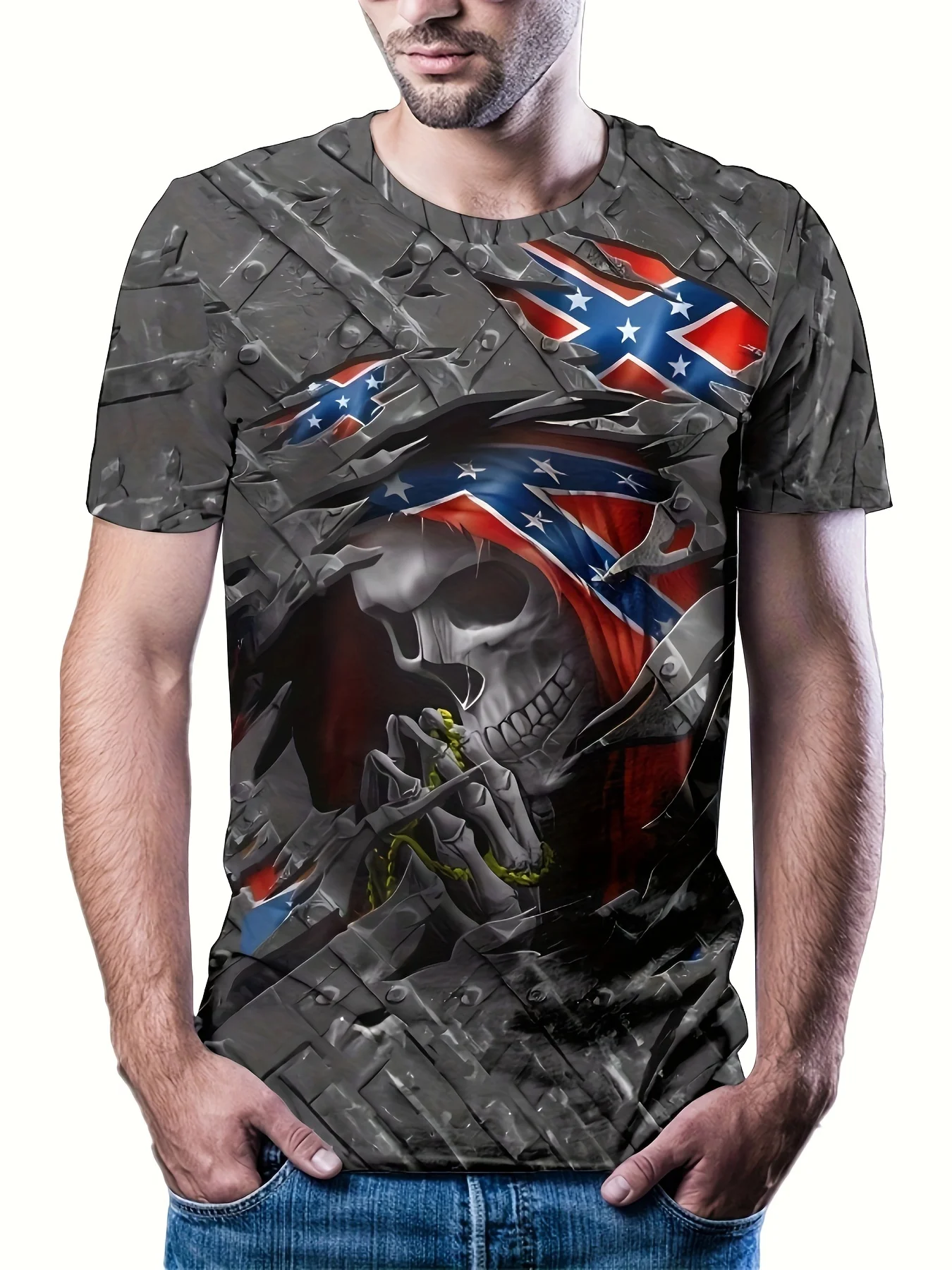 

2024 Men's Grey Skull Head Vitality Casual T-shirt