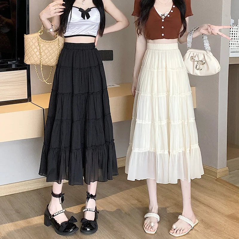 Women's Black Tencel Chiffon A-Line Cake Skirt, High Waist, Slimming, Long, Mid Length, Medium length skirt mini skirt 2024