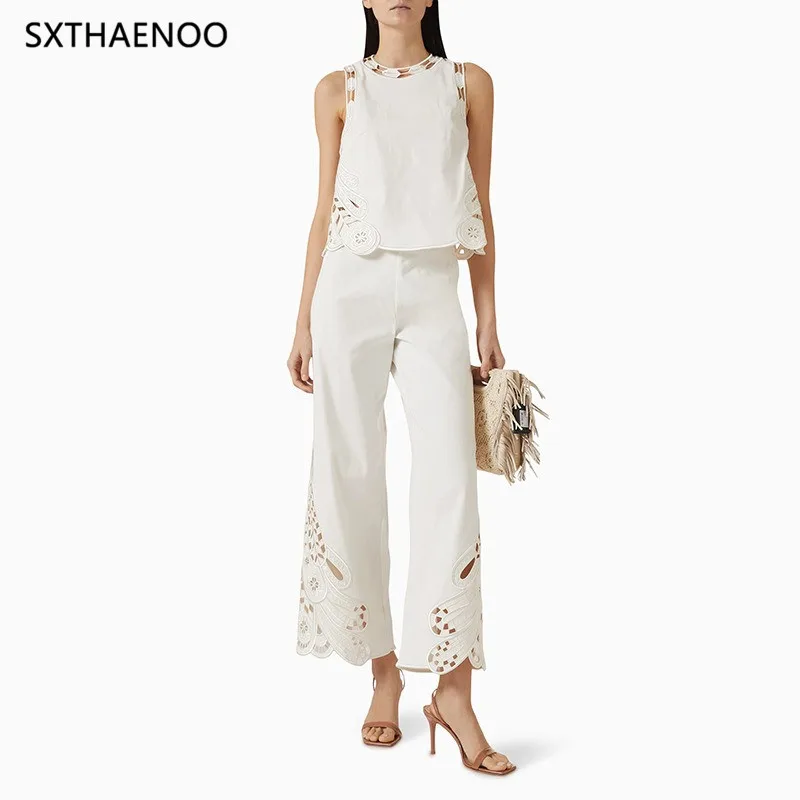 

SXTHAENOO Solid Hollow Out Two Piece Set For Women O Neck Sleeveless Top High Waist Minimalist Pant Sets Female Fashion 2025