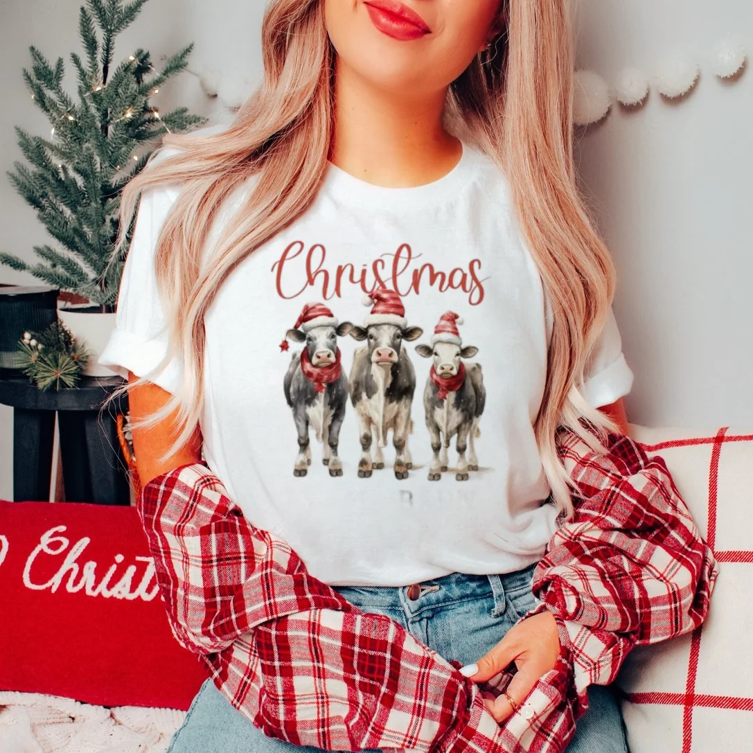 Christmas Cow Cute And Sweet 90s Women\'s Short Sleeved Printed Clothing T-Shirt Top Fashion Pattern Basic Casual Fun T-Shirt