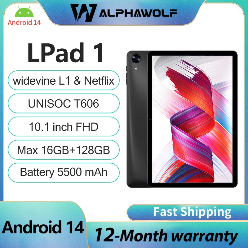 تابلت ALPHAWOL Lpad1 Android14 ثماني النواة جديد 10.1 بوصة FHD WideVineL1 + Netflix Max 16GB RAM 128GB ROM 5500mAh Dual WiFi TabletPC