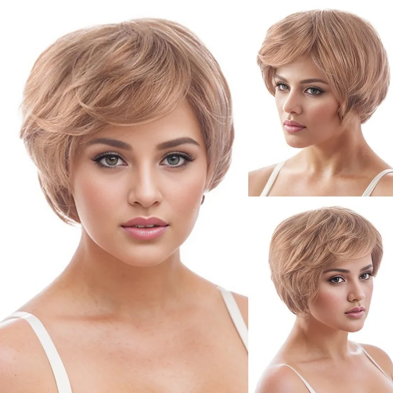 Film Cosplay Pruik Mode Vrouw Kort Haar Goudbruin Hoge temperatuur Zijde Gesimuleerd Haar Roos Netto Dagelijkse slijtage Volledige pruiken