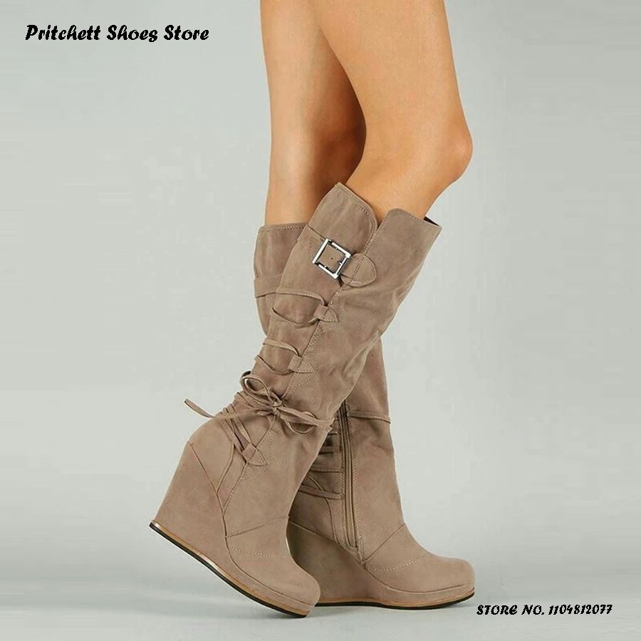 

Женские ботинки на танкетке с перекрестной завязкой сзади, весенне-осенние уличные туфли на боковой молнии, сапоги до колена на высоком каблуке с круглым носком в стиле ретро