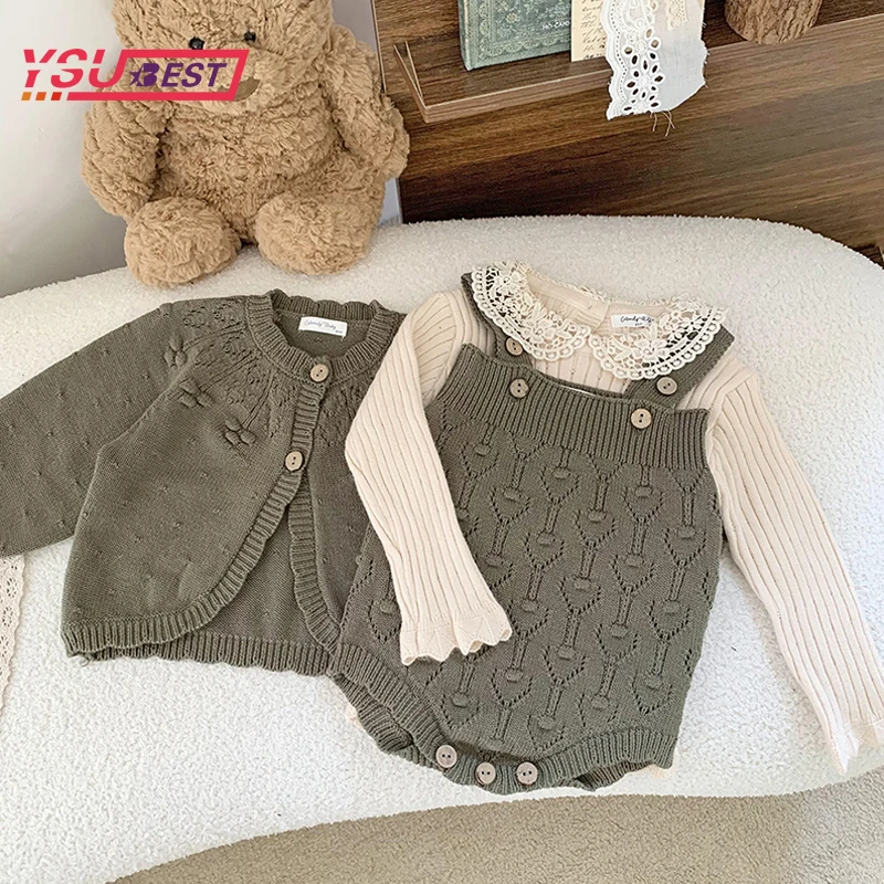 Infant Outfit Autumn Baby Sweater Set Infant Girls Knit Hearts Long Sleeve Sweater Coat & Suspender Bodysuit Baby Clothes 2Pcs