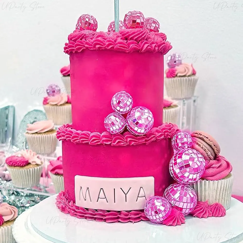 10pcs Hot Pink Disco Balls Cake Toppers 2-5cm Mirror Rose Pink Disco Balls Picks for Birthday Disco Birthday Party Cake Decor view 5