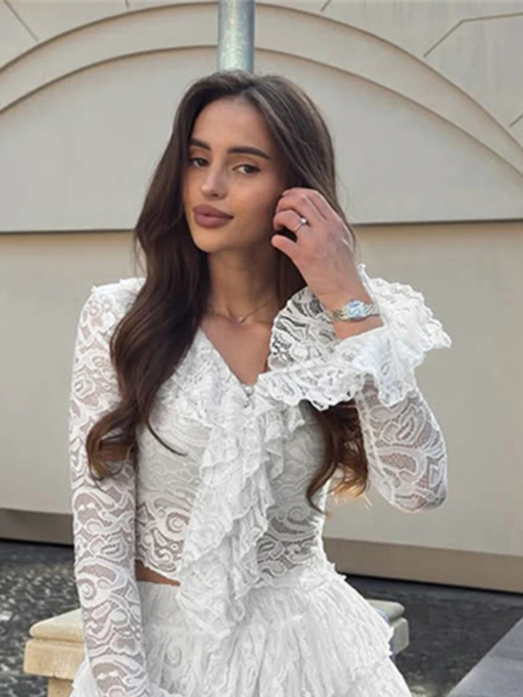 Nibber Slim Sexy Jacquard Conjunto de 2 peças para mulheres com babados elegantes com decote em V + Skits de bolo em Tierred para festas de outono e meia noite