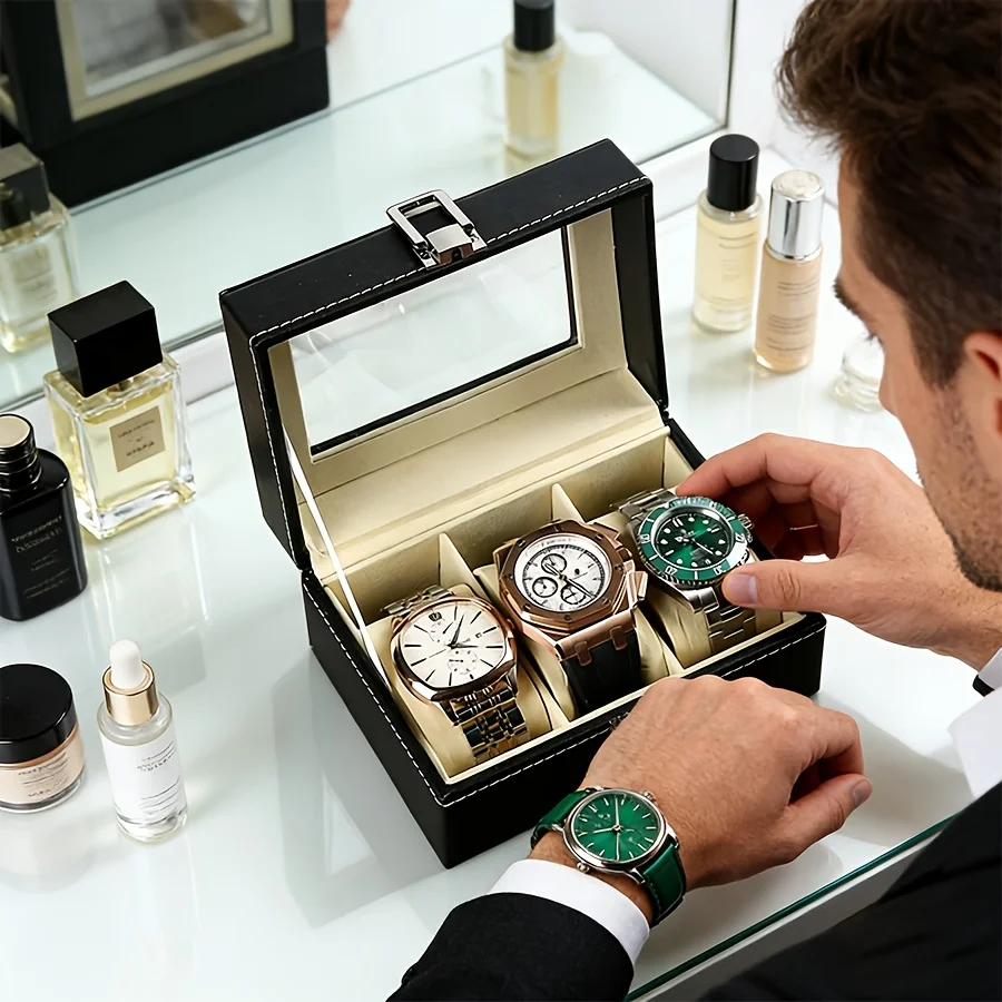 Three-compartment PU Leather Watch Box with Display Cover, Dustproof Watch Storage Box for Men, Gift for Watch Collectors