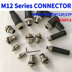 5/20 PCS M12 12MM Connector 4P 5P 6P 8P 12P Male Female Solderless Plug Aviation Socket Screw Sensor Connector Straight/Elbow