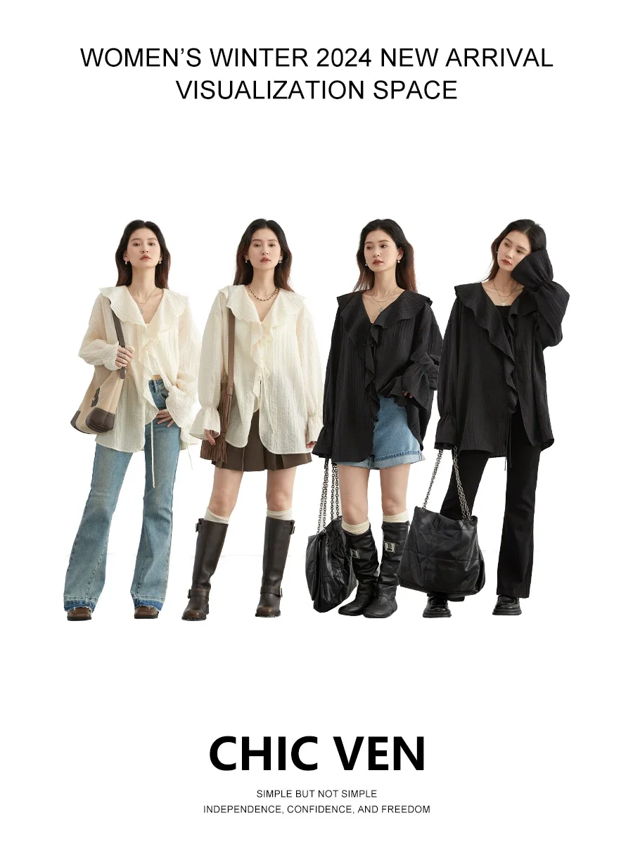 CHIC VEN Women Shirt Loose Casual Ruffled Edges Female Blouses V Neck Lace Up Mid Length Woman Shirts Spring Summer 2024