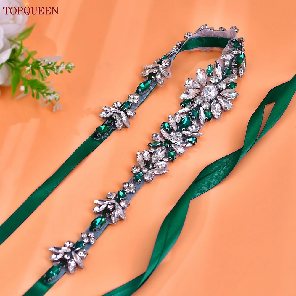 

TOPQUEEN Fashion New Wedding Belt Full Rhinestone Thin Applique Green Sash Bridal Accessories Prom Party Dress Decoration S122