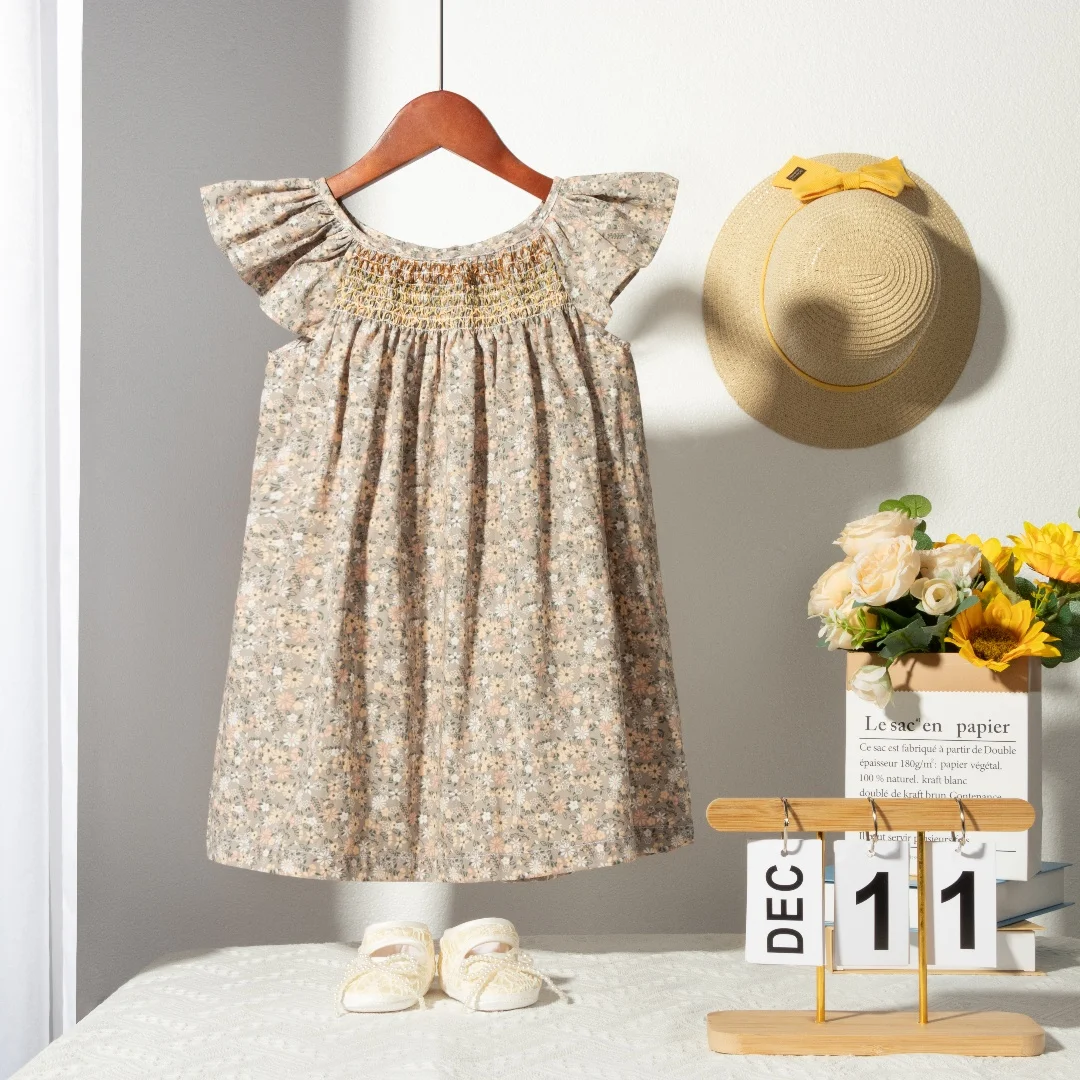 Blumen-Sommerkleid für Mädchen im Alter von 1, 2, 3, 4, 5, 6 Jahren, Smockdesign mit fliegenden Ärmeln, für Babys und Kleinkinder, tägliche süße Kleidung – Detail 15