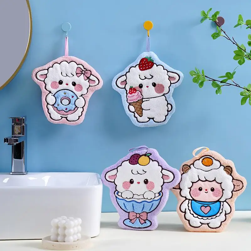 Cute Cartoon Lamb Shaped Hanging Hand Towel Thick Absorbent Soft Plush For Kitchen Bathroom Use