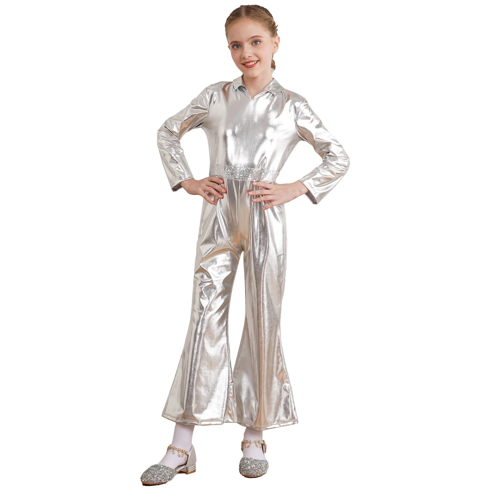 2023 Halloween Kids Boys Girls Disco Dance Jumpsuit Metallic Shiny Long Sleeve Bell-Bottomed Leotard Stage Performance Costumes