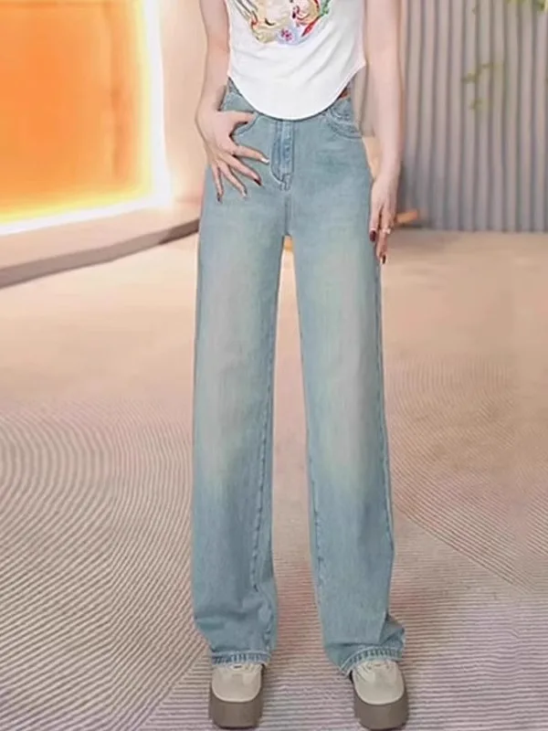 

Light Blue Wide Leg Women's Jeans Spring Autumn New Korean Sle ket Embroidery Design Straight Cut Denim Pants