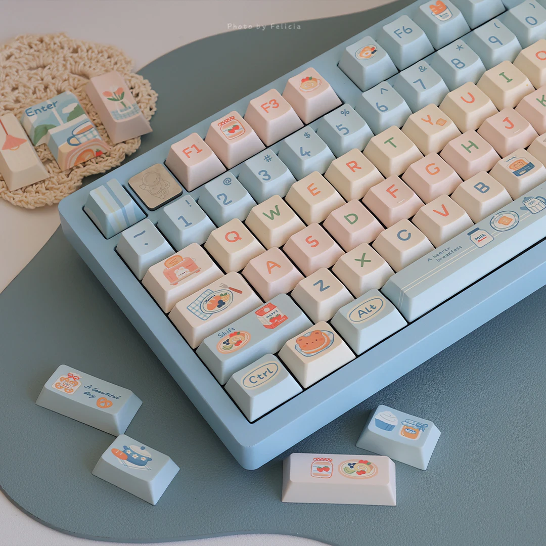 Imagem -02 - Azul Vitality Breakfast Keycap Teclado Mecânico Cereja Pbt Layout Ansi Iso Bolo de Leite e Pão Elemento Bonito 154 Chaves