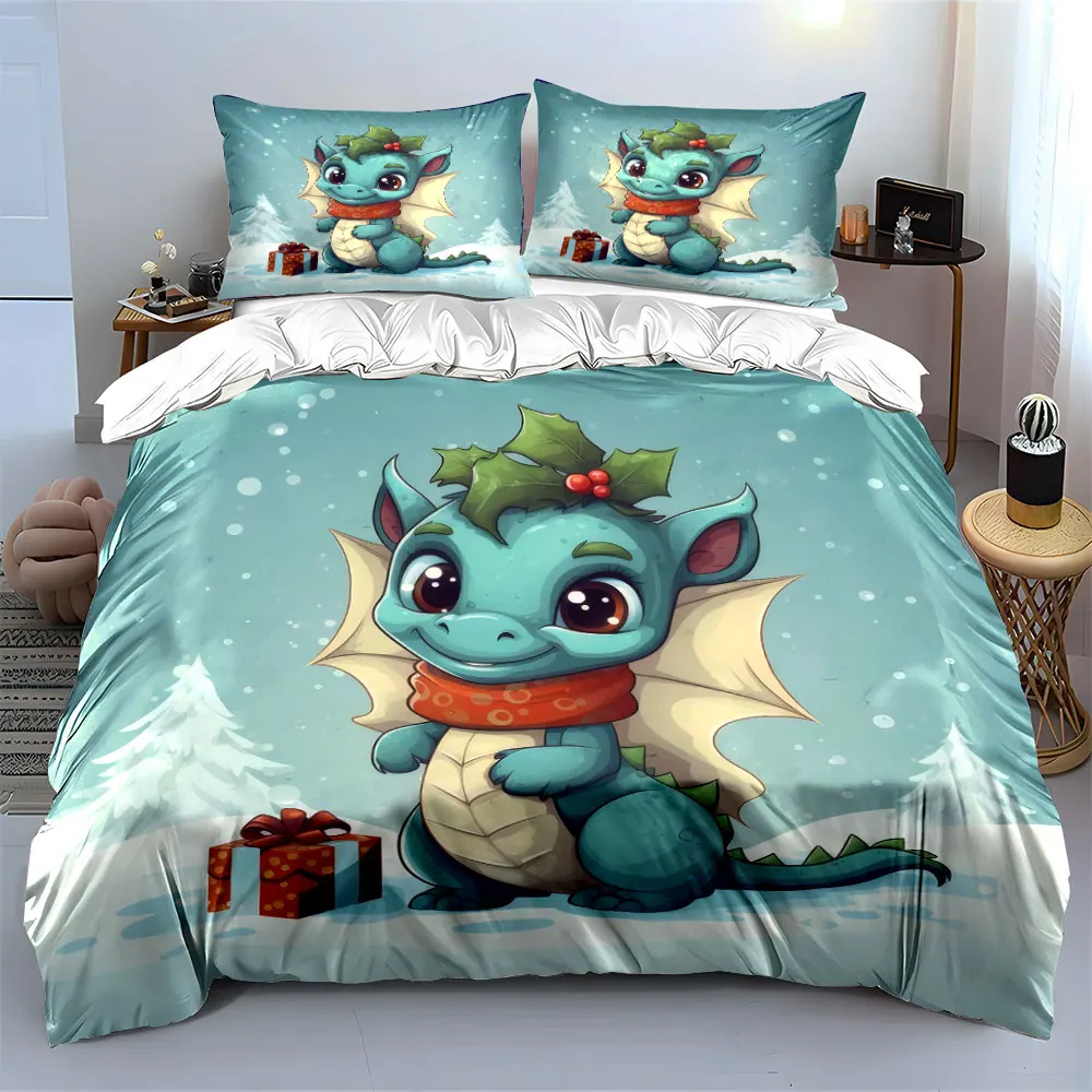 A cute little dragon wearing a scarf stands in the snow. Print Duvet Cover Bedding Set Included 1*Duvet Cover 2*Pillowcases