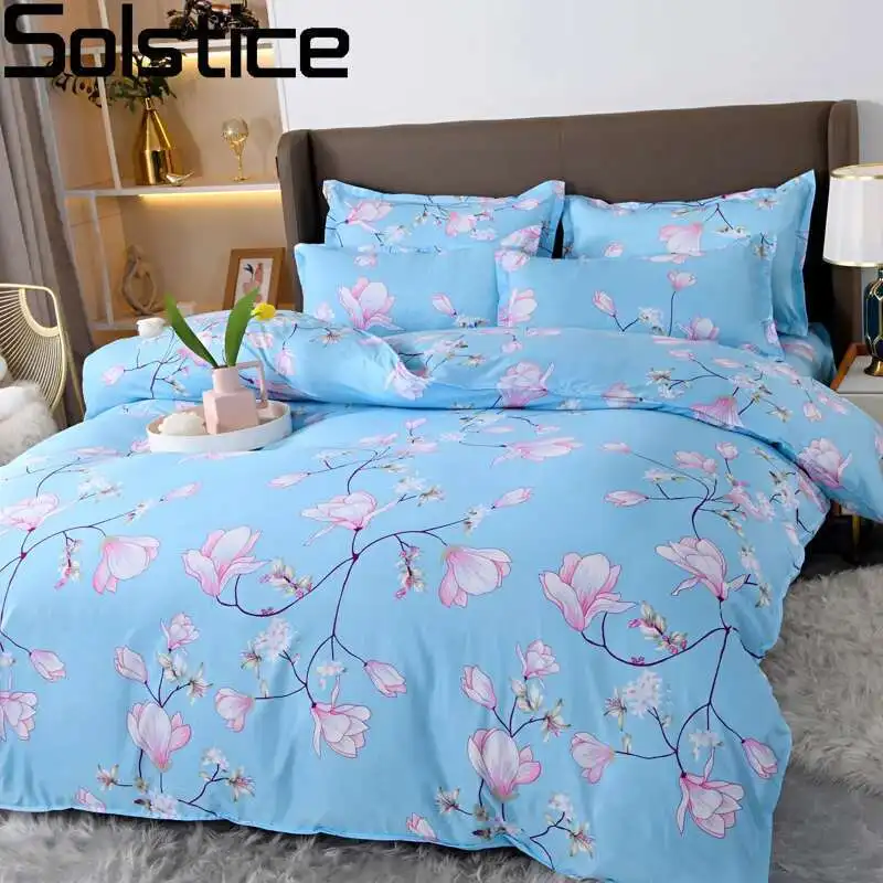 Solstice textil para el hogar, juegos de cama de flores azules, ropa de cama sencilla para niño y niña, funda nórdica para adulto, funda de almohada, Sábana plana doble King