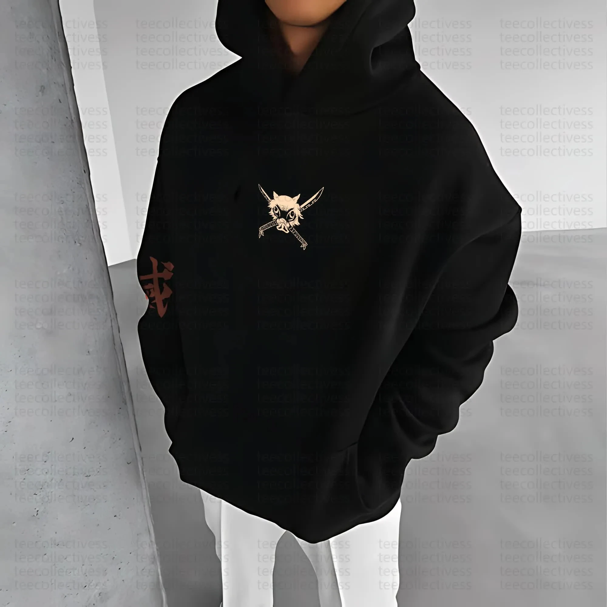 Demon Slayer zwarte hoodie heren 2025, winter anime Inosuke Hashibira rugprint zwijnmasker karakter met bloedig zwaard katoen