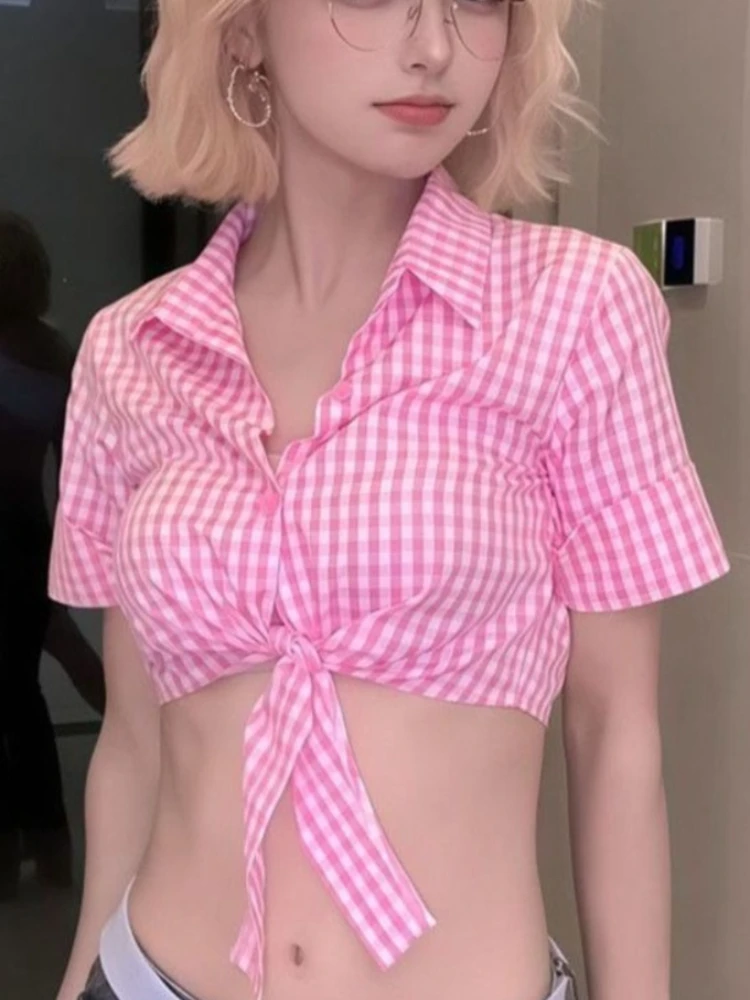 Chemises à carreaux roses vintage pour femmes, coupe ajustée, manches longues, design boutonné, style Harajuku, chic décontracté, sexy, tenues adorables