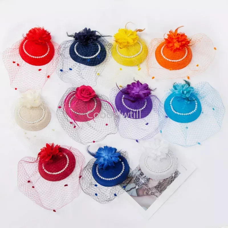 Wedding Veil Top Fascinator Hat Clip Feather Pearls Pillbox Cap Party Church Photography Chapeau Femme Party Hair Accessories