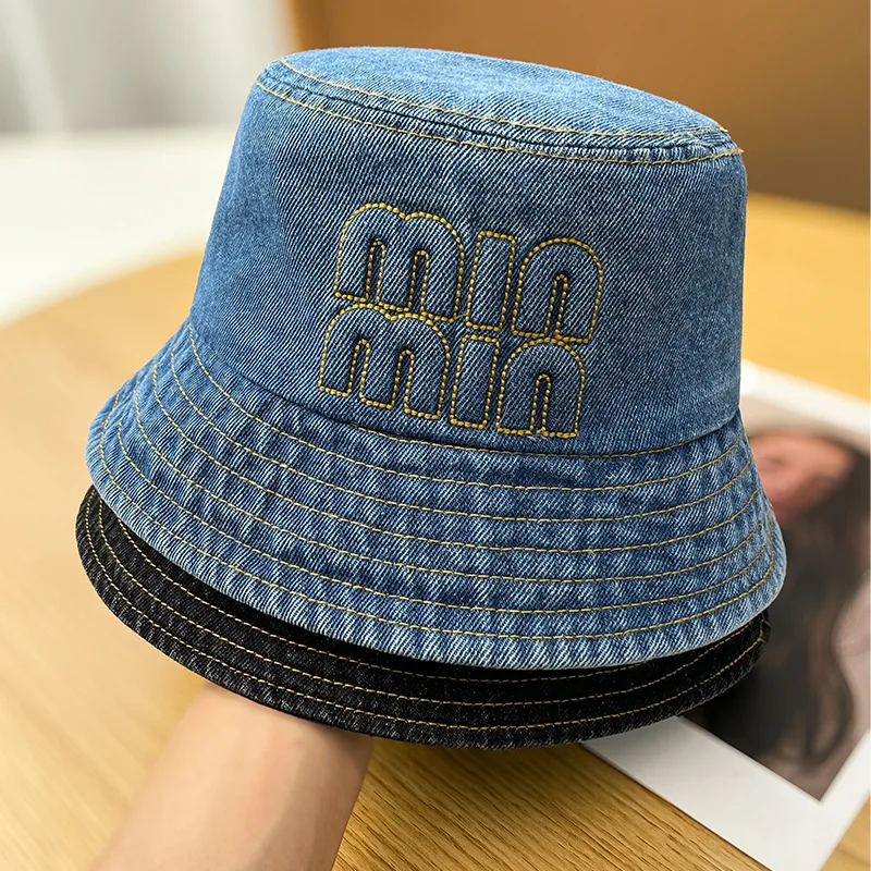 

New washed denim bucket hat women's spring and autumn embroidery letters UV protection fashion versatile washbasin hat