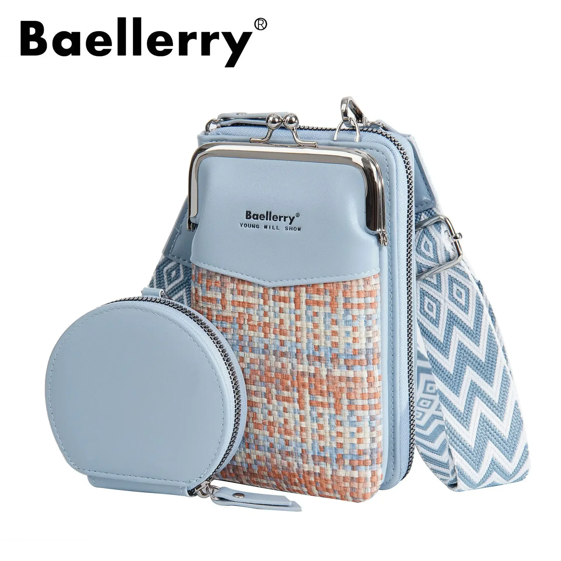 

2in1 Fashion Shoulder Bags for Women Colorful Woven Design Crossbody Bag with Zipper Coin Purse Bag Leather Blue Phone Handbag