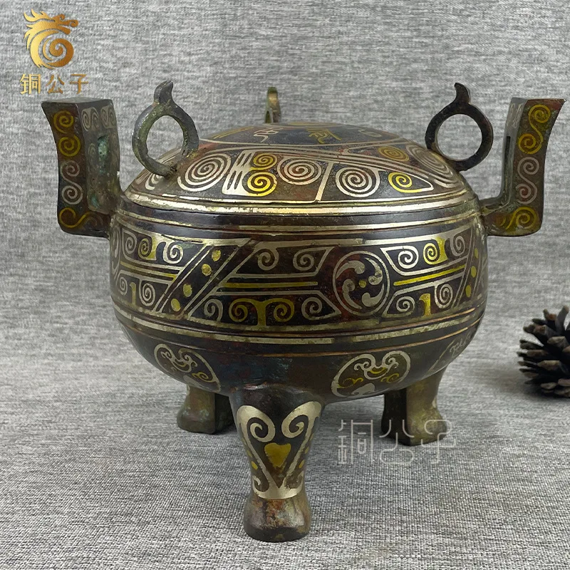 Inlaid Gold and Silver Covered Three-Legged Round Tripod Ornament Copper Craft Collectible Antique Wholesale Display Teaching Ai