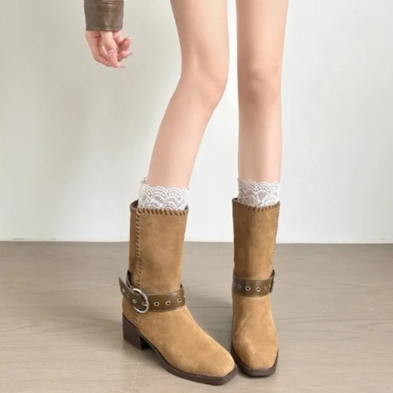 كتلة كعب أحذية واحدة المرأة موضة ساحة تو الجلد المدبوغ مشبك معدني سيارة غرزة المضادة للانزلاق مقاومة للاهتراء منتصف أنبوب الأحذية #3