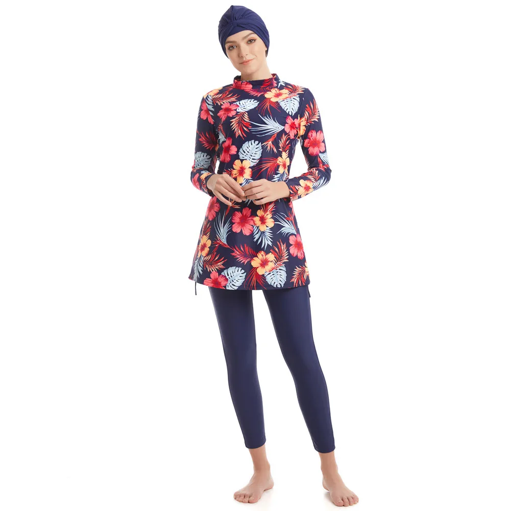 3 Pieces Floral Print High Neck Long Sleeve Modest Burkini Swimsuit Women Loose Tunic Full Leggings Hijab Islamic Bathing Suit