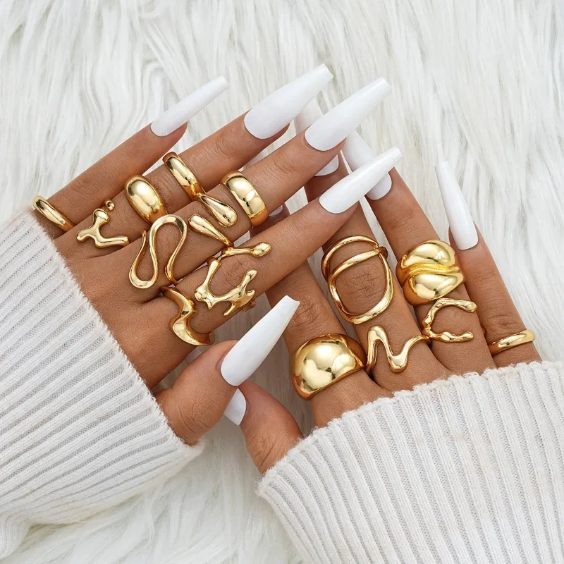 

New Exaggerated Retro Open Ring Jewelry Gold Lava Line Smooth Irregular Women's Ring 15 Piece Set