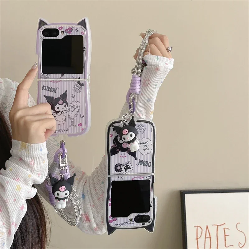 Funda de teléfono Sanrio Kuromi con dibujos animados 3D para Samsung Galaxy Z Flip 6 5, funda trasera suave de TPU para Z Flip 3 4 con cordón