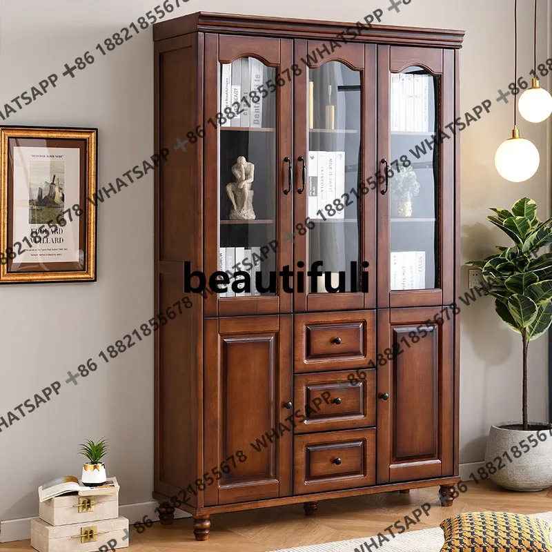 

Solid wood bookcase American style three doors with glass student bookshelf living room floor study file cabinet